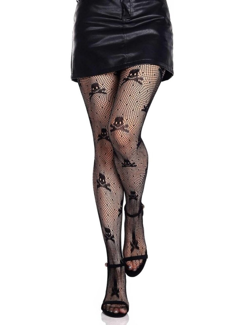 Women Black Fishnet Stockings Rhinestone Spiderweb Halloween Tights - Skull a